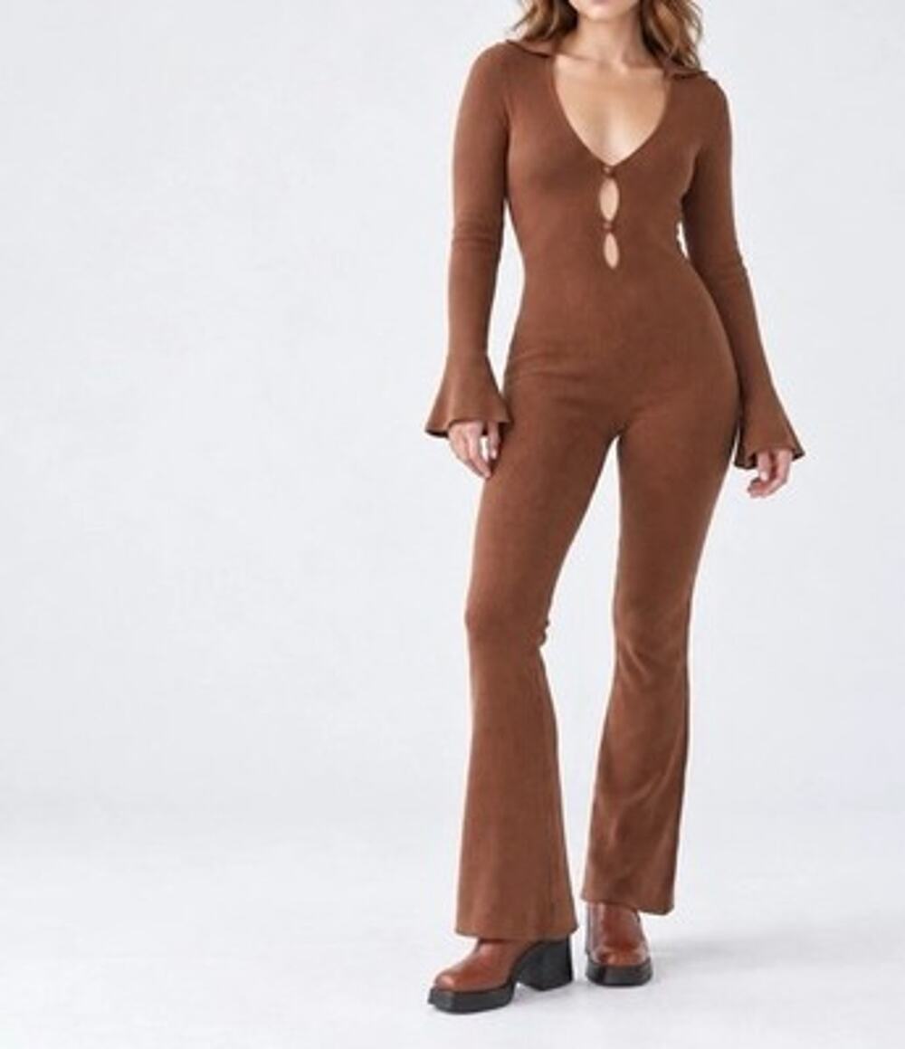 UO Brown Ribbed Jumpsuit Medium Flare Sleeve Keyhole Collar Flare Leg Catsuit